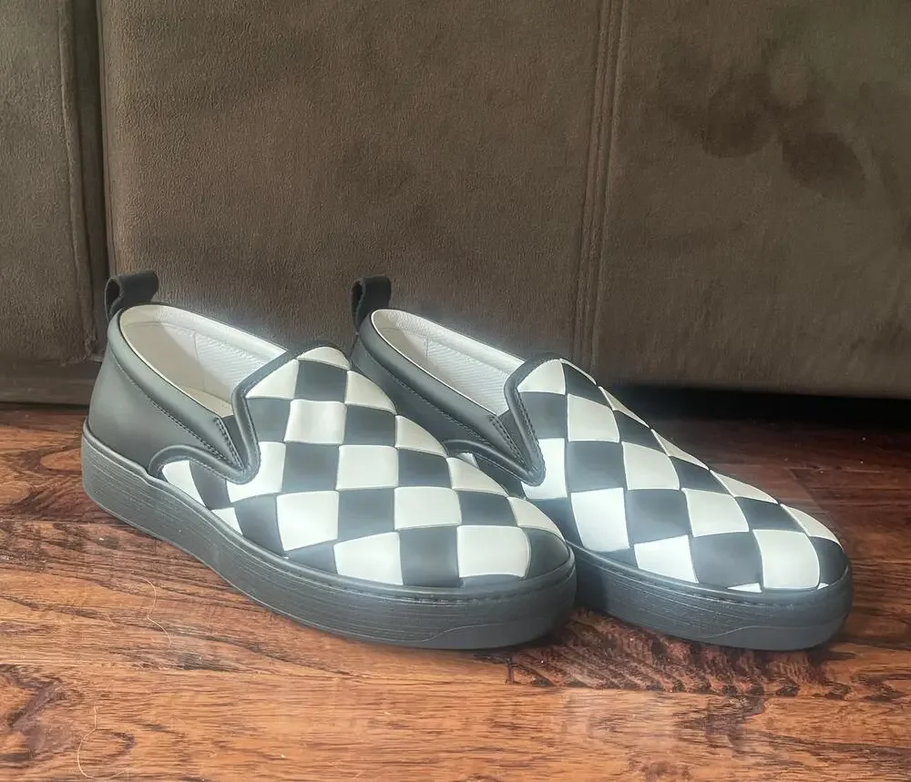 $1095 NIB Bottega Veneta Woven Leather Slip-On Sneakers Black White Men's 10(43)